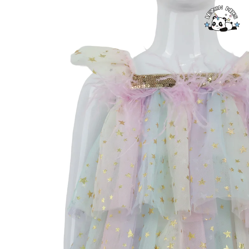 LEZONKIDS - Personalização OEM Novo 2024 Vestido de Meninas com Alça, Manga Voadora, Camadas, Estrela Brilhante, Impressão, Bolo, Vestido, Lindo, Pena